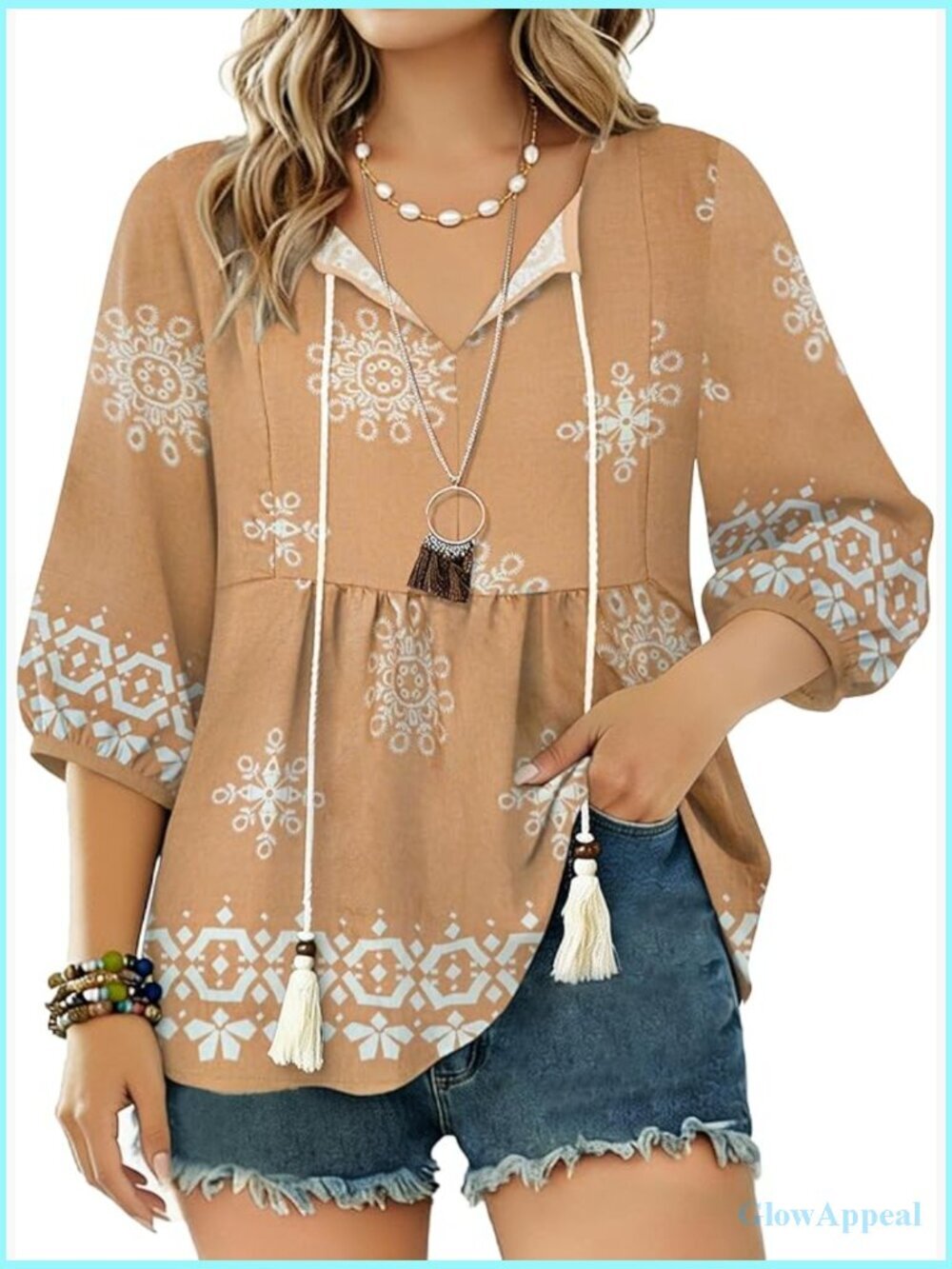 Womens Boho Floral Tunic V Neck 3/4 Sleeve Blouse Casual Summer Top